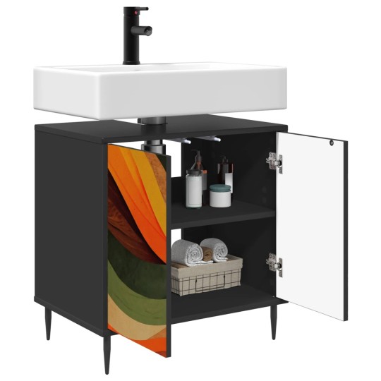 Шкаф за баня BONN с абстрактен ретро принт с вълнообразни линии върху фронтовете, черен дъб, 60 x 40 x 61 см