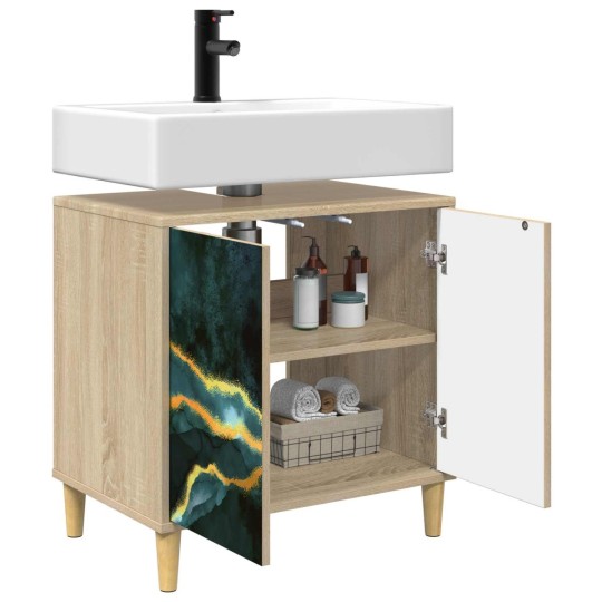 Шкаф за баня WIJHE с принт с тюркоазен мраморен ефект върху фронтовете, дъб сонома, 60 x 40 x 60 см