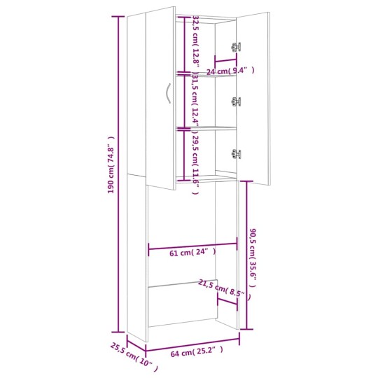 Висок шкаф за пералня с 2 врати и 3 отделения, бял, 64 x 25,5 x 190 см