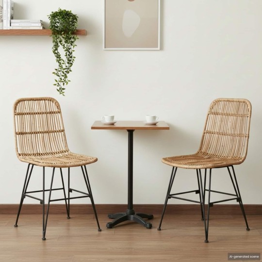 Комплект от 2 трапезни стола в стил Modern Boho от естествен ратан и черна метална рамка