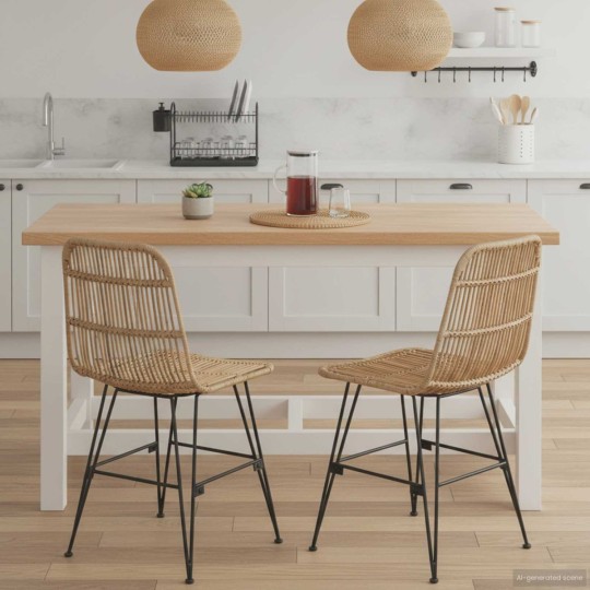 Комплект от 2 трапезни стола в стил Modern Boho от естествен ратан и черна метална рамка