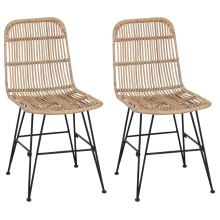 Комплект от 2 трапезни стола в стил Modern Boho от естествен ратан и черна метална рамка