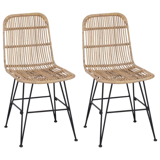Комплект от 2 трапезни стола в стил Modern Boho от естествен ратан и черна метална рамка