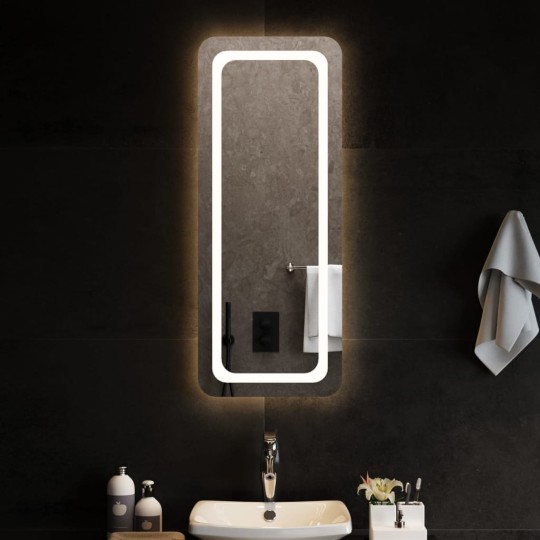 LED стенно огледало за баня с периферна рамка с омекотени ъгли и USB захранване, 40x100 см