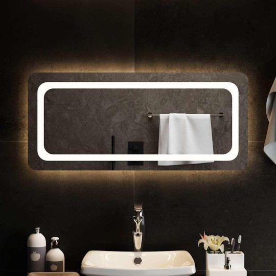 LED стенно огледало за баня с периферна рамка с омекотени ъгли и USB захранване, 90x40 см