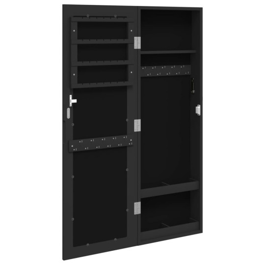Стенен огледален шкаф за бижута и козметика с кадифена подплата черен 30 x 90 см