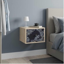 Стенно нощно шкафче DOKKUM с тъмен принт с декоративни листа върху фронтовете, дъб сонома, 36 x 33 x 25 см