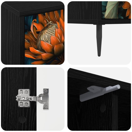 ТВ шкаф LOCHEM с тъмен флорален принт в оранжеви и зелени тонове върху фронтовете, с 2 врати и 1 рафт, черен дъб, 102 x 33 x 51 см