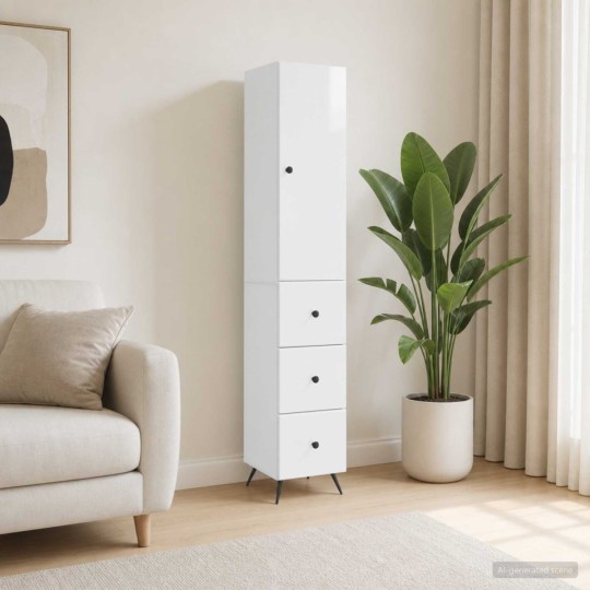 Висок модулен шкаф с врата и 3 чекмеджета, бял гланц, 34,5 x 34,5 x 180 см