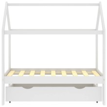 Бебешко Монтесори легло къщичка с чекмедже, бяло, бор масив, 70x140 см