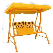 Градинска люлка за деца с мотиви на тигри, ярко жълта, 115x75x110 см, с навес за сянка