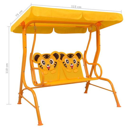 Градинска люлка за деца с мотиви на тигри, ярко жълта, 115x75x110 см, с навес за сянка