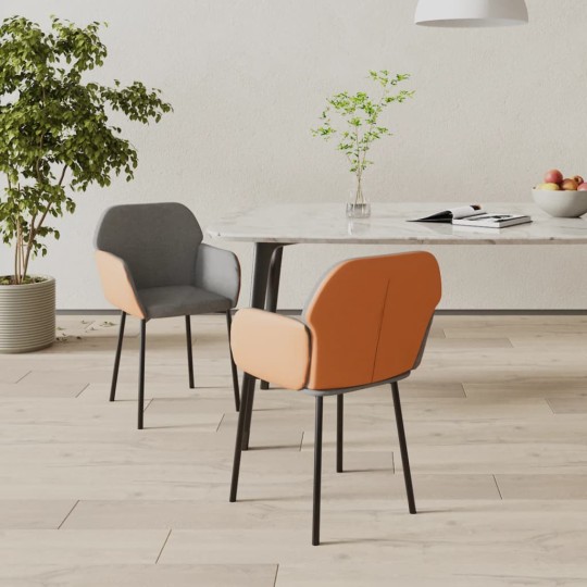 Комплект от 2 трапезни стола тип кресла в стил Mid-Century Modern от светлосив текстил и кафява еко кожа