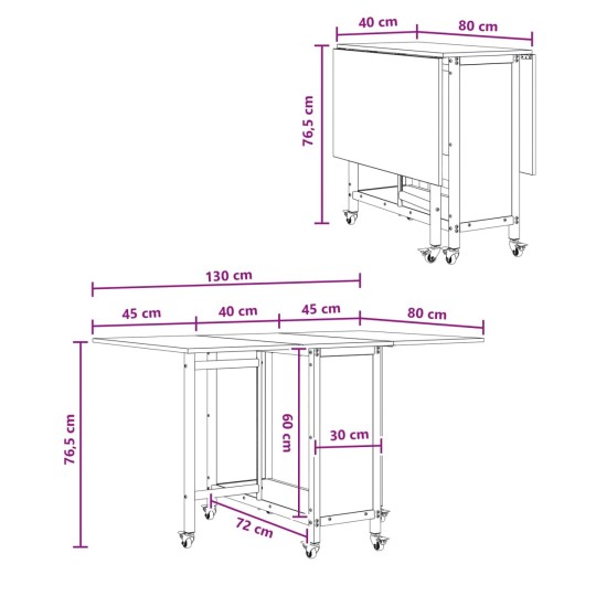 Сгъваема трапезна маса в стил Modern Minimalist, ЛПДЧ черен дъб на колелца, 130 x 80 см