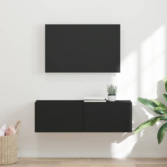 Стенен ТВ шкаф LINEA с вертикално фрезован фронт, черен, 98 x 31 x 29,5 см