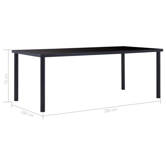 Трапезна маса в стил Modern Glass, черно закалено стъкло и черна метална рамка, 200 x 100 см