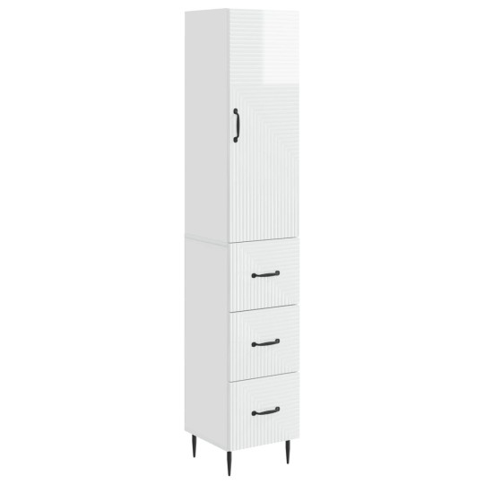 Висок модулен шкаф с врата и 3 чекмеджета, бял гланц, 33 x 34,5 x 180 см