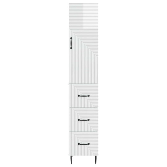 Висок модулен шкаф с врата и 3 чекмеджета, бял гланц, 33 x 34,5 x 180 см