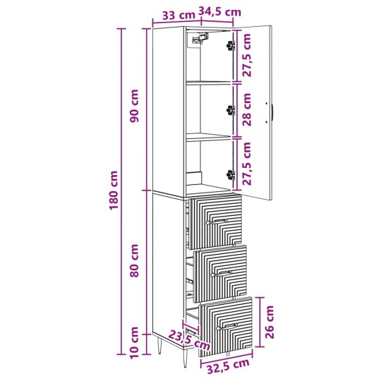 Висок модулен шкаф с врата и 3 чекмеджета, бял гланц, 33 x 34,5 x 180 см