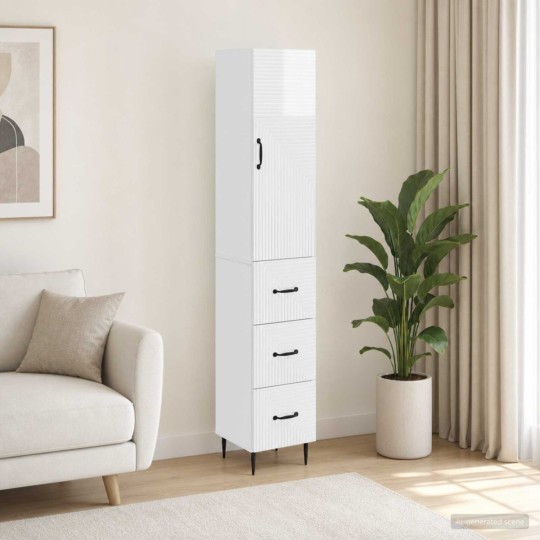 Висок модулен шкаф с врата и 3 чекмеджета, бял гланц, 33 x 34,5 x 180 см