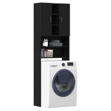 Висок шкаф за пералня с 2 врати и 9 отделения, черен дъб, 64 x 25,5 x 190 см