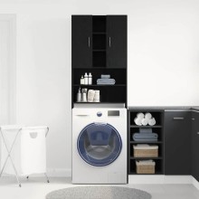 Висок шкаф за пералня с 2 врати и 9 отделения, черен дъб, 64 x 25,5 x 190 см