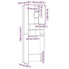 Висок шкаф за пералня с 2 врати и 9 отделения, черен дъб, 64 x 25,5 x 190 см