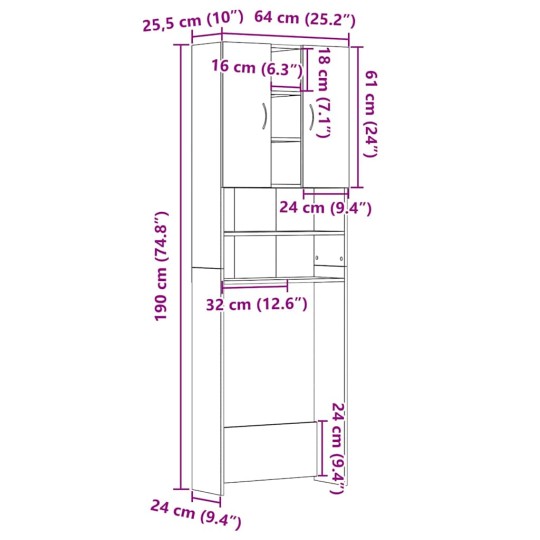 Висок шкаф за пералня с 2 врати и 9 отделения, черен дъб, 64 x 25,5 x 190 см