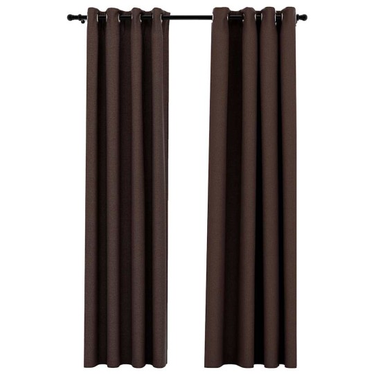 Завеси с ленена текстура в цвят таупе с метални халки, 2 бр., 140 x 245 см