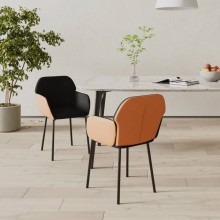 Комплект от 2 трапезни стола тип кресла в стил Mid-Century Modern от черен текстил и кафява еко кожа