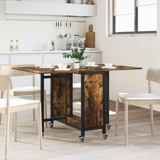 Сгъваема трапезна маса в стил Boho, ЛПДЧ състарено старо дърво на колелца, 130 x 80 см