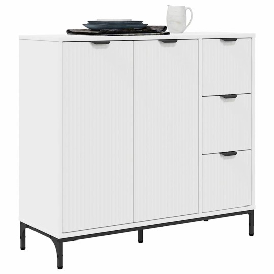 Шкаф с фрезовани фронтове, 2 врати и 3 чекмеджета, бял, 89,5 x 33 x 82 см