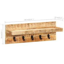 Стенна закачалка, масивна необработена мангова дървесина, 60 x 15 x 20 см