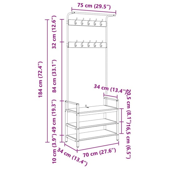 Стояща закачалка с рафтове за обувки, дъб сонома, 75 x 34 x 184 см