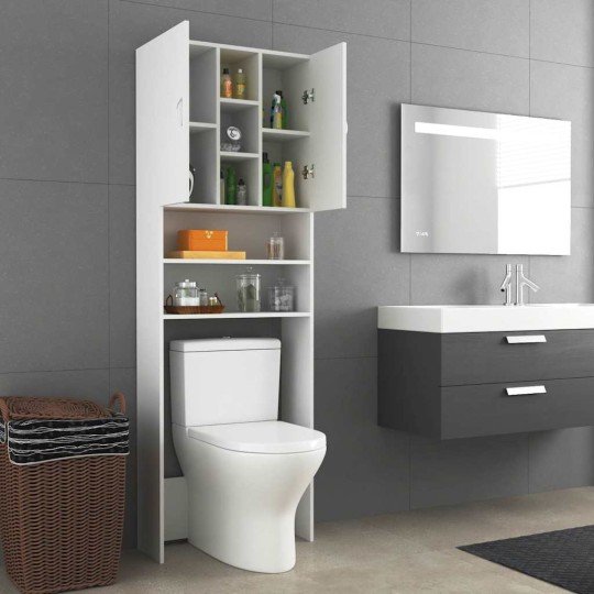 Висок шкаф за пералня с 2 врати и 9 отделения, бял, 64 x 25,5 x 190 см