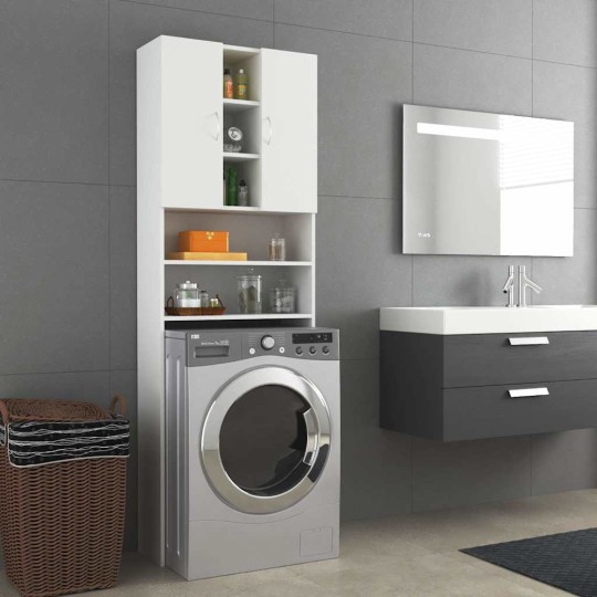 Висок шкаф за пералня с 2 врати и 9 отделения, бял, 64 x 25,5 x 190 см