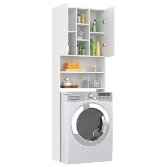 Висок шкаф за пералня с 2 врати и 9 отделения, бял, 64 x 25,5 x 190 см