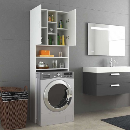 Висок шкаф за пералня с 2 врати и 9 отделения, бял, 64 x 25,5 x 190 см