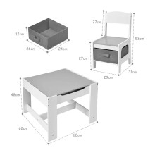 Детска дървена маса с 2 столчета, комплект, двустранна с черна дъска, 2 в 1 - за игра и съхранение бяло / сиво