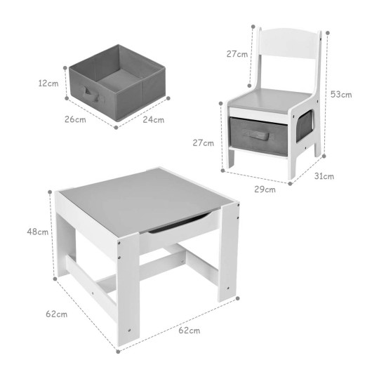 Детска дървена маса с 2 столчета, комплект, двустранна с черна дъска, 2 в 1 - за игра и съхранение бяло / сиво