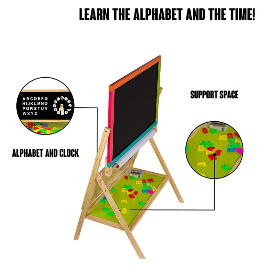 Детска дървена дъска, статив 3 в 1 - черна дъска, магнитна дъска, бяла дъска с аксесоари