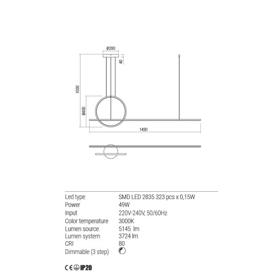 LED пендел REDO 01-1734 GIOTTO 3000K